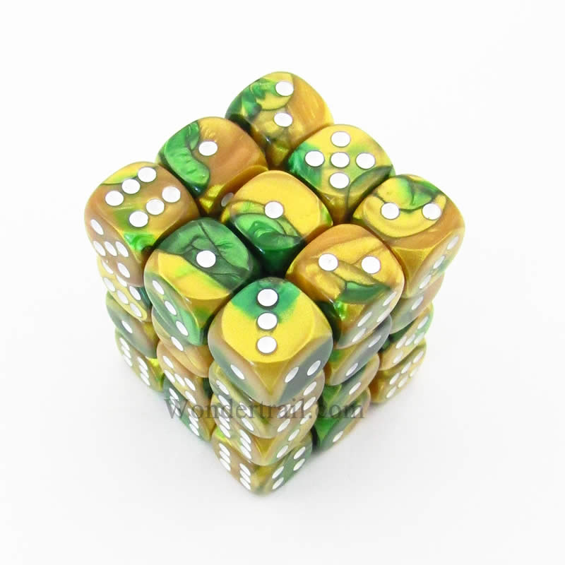 CHX26825 Gold Green Gemini Dice White Pips D6 12mm (1/2in) Pack of 36 (ONLINE ORDER ONLY)