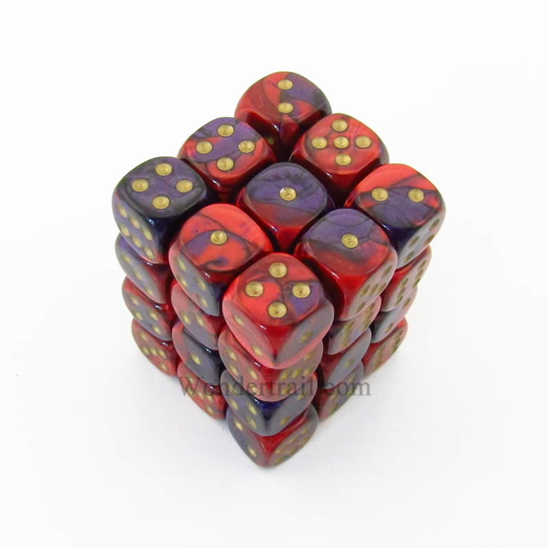 CHX26826 Purple Red Gemini Dice Gold Pips D6 12mm (1/2in) Pack of 36 (ONLINE ORDER ONLY)
