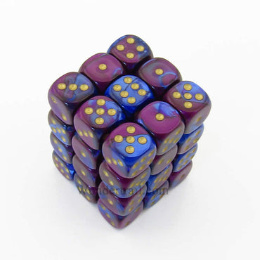 CHX26828 Blue Purple Gemini Dice Gold Pips D6 12mm (1/2in) Pack of 36 (ONLINE ORDER ONLY)