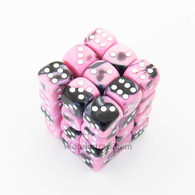 CHX26830 Pink Black Gemini Dice White Pips D6 12mm (1/2in) Pack of 36 (ONLINE ORDER ONLY)