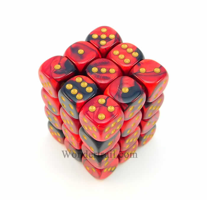 CHX26833 Black Red Gemini Dice Gold Pips D6 12mm (1/2in) Pack of 36 (ONLINE ORDER ONLY)