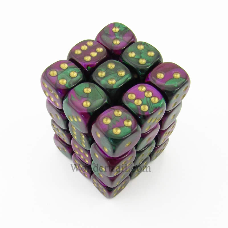 CHX26834 Green Purple Gemini Dice Gold Pips D6 12mm (1/2in) Pack of 36 (ONLINE ORDER ONLY)