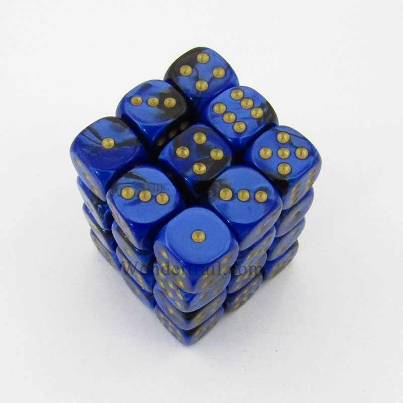 CHX26835 Black Blue Gemini Dice Gold Pips D6 12mm (1/2in) Pack of 36 (ONLINE ORDER ONLY)