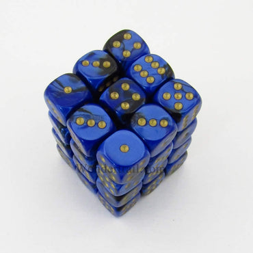 CHX26835 Black Blue Gemini Dice Gold Pips D6 12mm (1/2in) Pack of 36 (ONLINE ORDER ONLY)