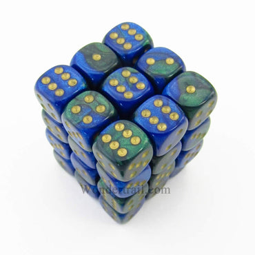 CHX26836 Blue Green Gemini Dice Gold Pips D6 12mm (1/2in) Pack of 36 (ONLINE ORDER ONLY)