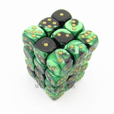CHX26839 Black Green Gemini Dice Gold Pips D6 12mm (1/2in) Pack of 36 (ONLINE ORDER ONLY)