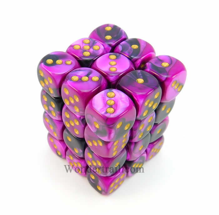 CHX26840 Black Purple Gemini Dice Gold Pips D6 12mm (1/2in) Pack of 36 (ONLINE ORDER ONLY)