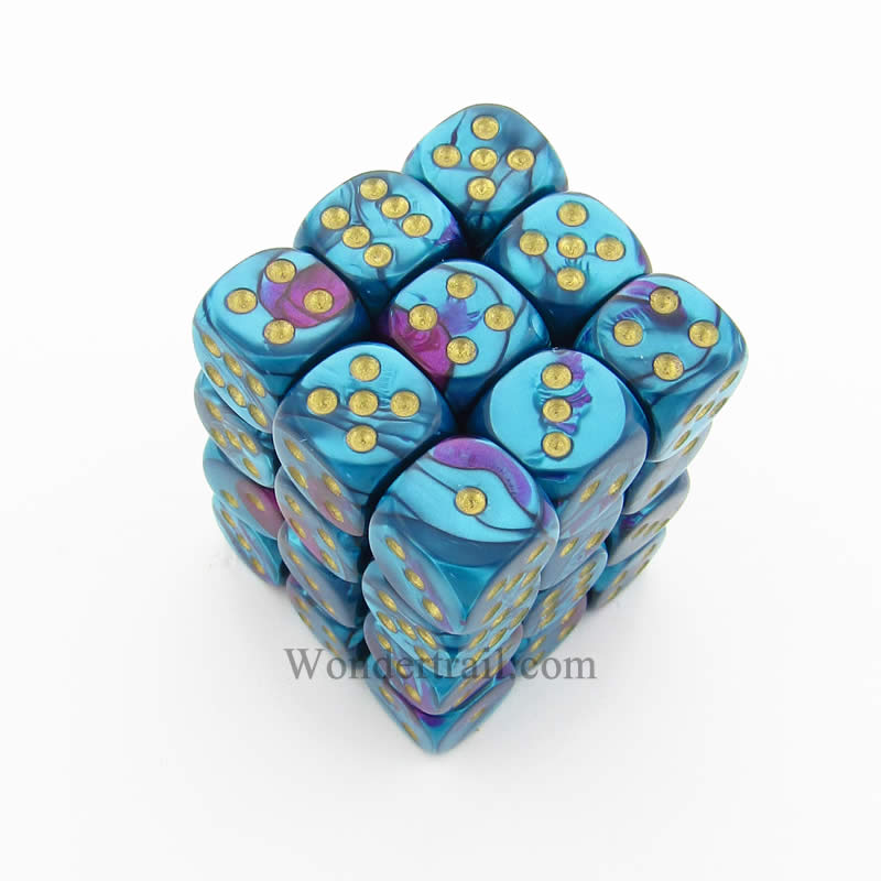 CHX26849 Purple Teal Gemini Dice Gold Pips D6 12mm (1/2in) Pack of 36 (ONLINE ORDER ONLY)