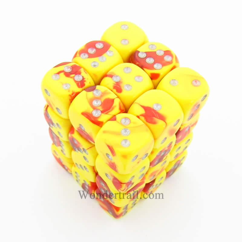 CHX26850 Red Yellow Gemini Dice Silver Pips D6 12mm (1/2in) Pack of 36 (ONLINE ORDER ONLY)