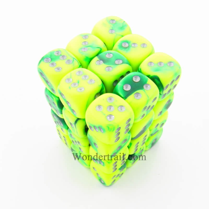 CHX26854 Green Yellow Gemini Dice Silver Pips D6 12mm (1/2in) Pack of 36 (ONLINE ORDER ONLY)