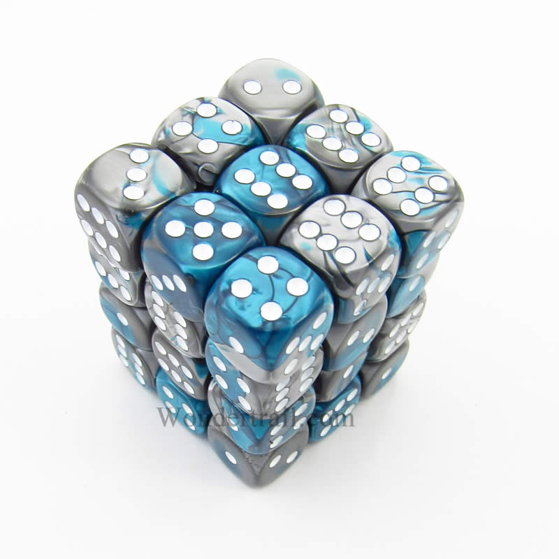 CHX26856 Steel Teal Gemini Dice White Pips D6 12mm (1/2in) Pack of 36 (ONLINE ORDER ONLY)