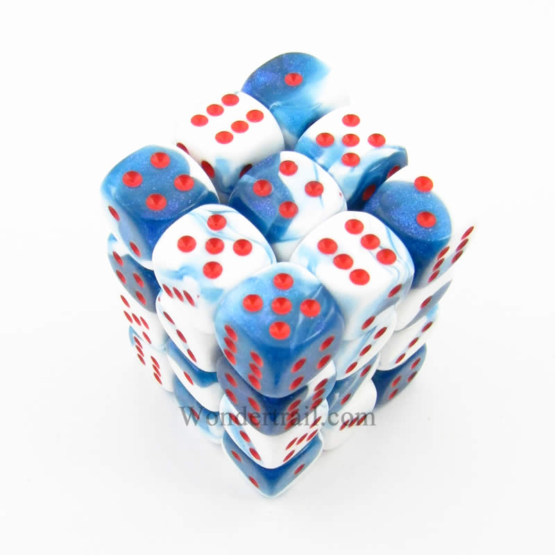 CHX26857 Astral Blue White Gemini Dice Red Pips D6 12mm Pack of 36 (ONLINE ORDER ONLY)