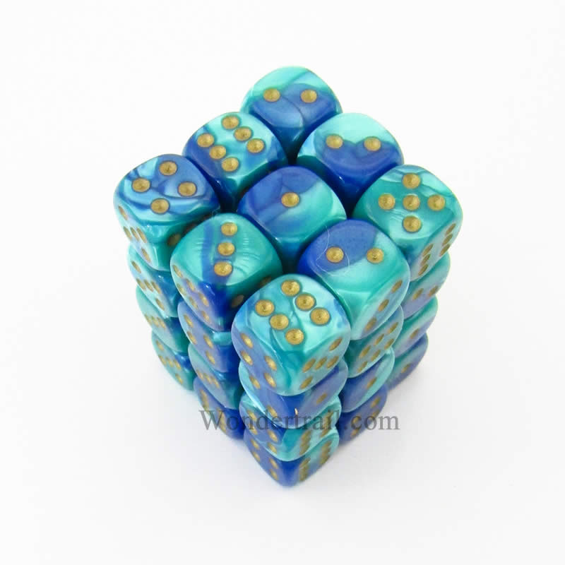 CHX26859 Blue Teal Gemini Dice with Gold Pips D6 12mm (1/2in) Pack of 36 (ONLINE ORDER ONLY)