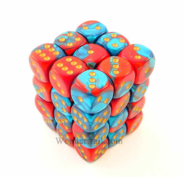 CHX26862 Red Teal Gemini Dice Gold Pips D6 12mm (1/2in) Pack of 36 (ONLINE ORDER ONLY)