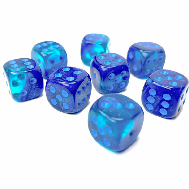 CHX26863 Blue Gemini Luminary Dice with Light Blue Pips D6 12mm (1/2in) Pack of 36 (ONLINE ORDER ONLY)