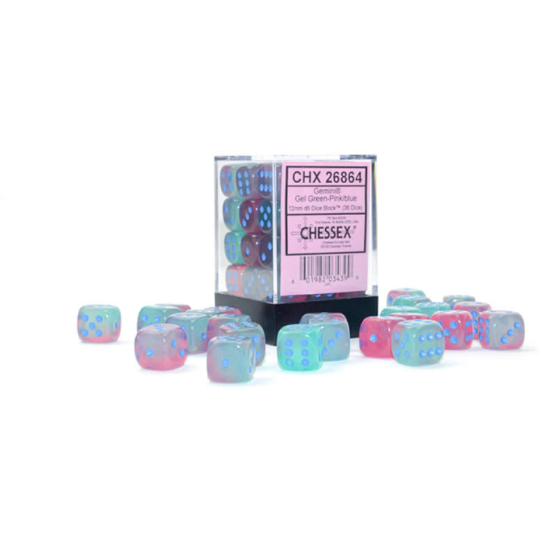 CHX26864 Gel Green and Pink Gemini Luminary Dice with Blue Pips D6 12mm (1/2in) Pack of 36 (ONLINE ORDER ONLY)
