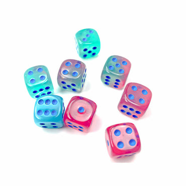 CHX26864 Gel Green and Pink Gemini Luminary Dice with Blue Pips D6 12mm (1/2in) Pack of 36 (ONLINE ORDER ONLY)