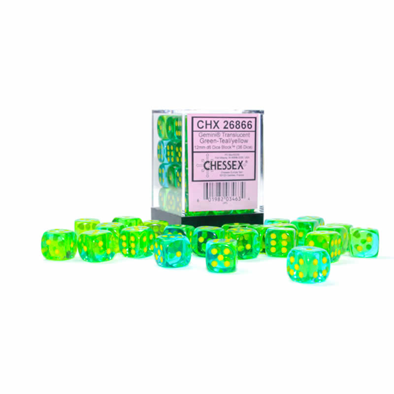 CHX26866 Green and Teal Gemini Translucent Dice with Yellow Pips D6 12mm (1/2in) Pack of 36 (ONLINE ORDER ONLY)