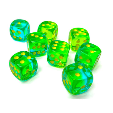 CHX26866 Green and Teal Gemini Translucent Dice with Yellow Pips D6 12mm (1/2in) Pack of 36 (ONLINE ORDER ONLY)
