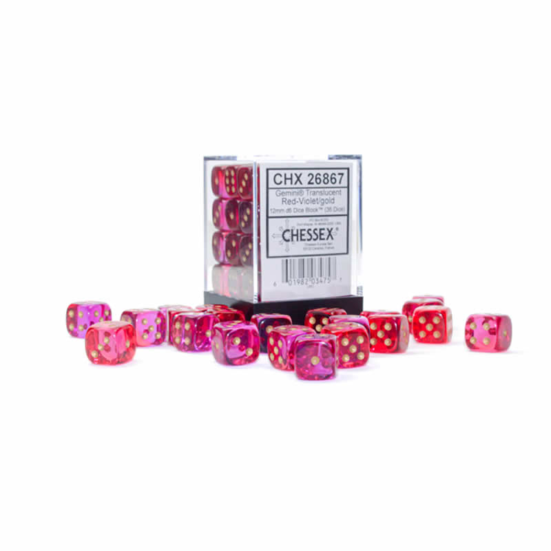 CHX26867 Red and Violet Gemini Translucent Dice with Gold Colored Pips D6 12mm (1/2in) Pack of 36 (ONLINE ORDER ONLY)