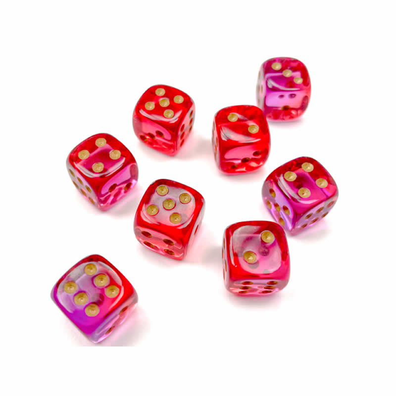 CHX26867 Red and Violet Gemini Translucent Dice with Gold Colored Pips D6 12mm (1/2in) Pack of 36 (ONLINE ORDER ONLY)