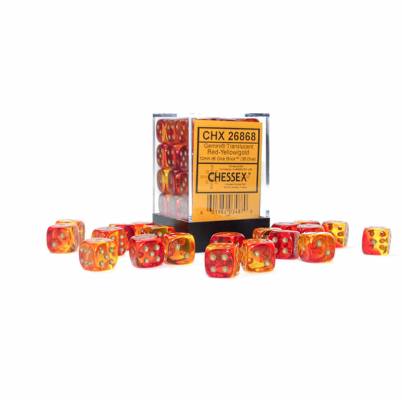 CHX26868 Red and Yellow Gemini Translucent Dice with Gold Colored Pips D6 12mm (1/2in) Pack of 36 (ONLINE ORDER ONLY)