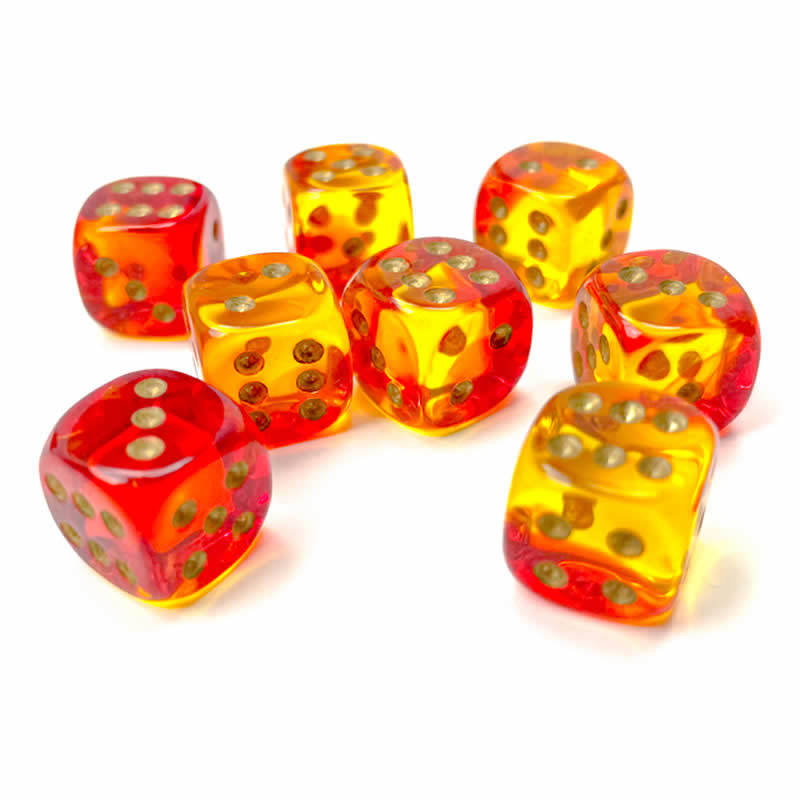 CHX26868 Red and Yellow Gemini Translucent Dice with Gold Colored Pips D6 12mm (1/2in) Pack of 36 (ONLINE ORDER ONLY)