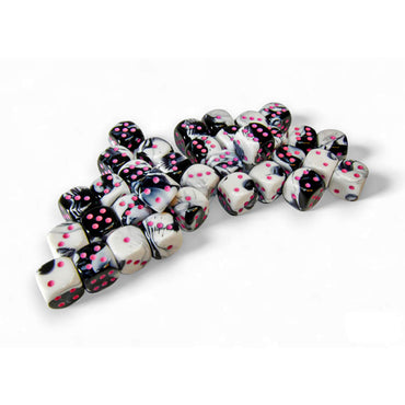 CHX26869 Black and White Gemini Dice with Pink Colored Pips D6 12mm (1/2in) Pack of 36 (ONLINE ORDER ONLY)