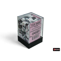 CHX26869 Black and White Gemini Dice with Pink Colored Pips D6 12mm (1/2in) Pack of 36 (ONLINE ORDER ONLY)