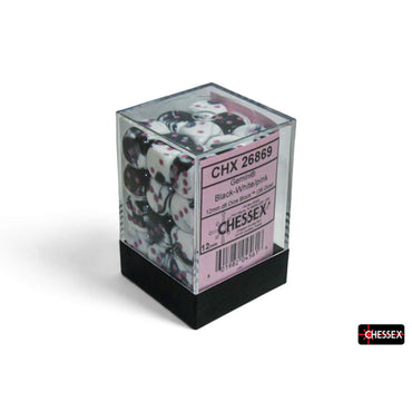 CHX26869 Black and White Gemini Dice with Pink Colored Pips D6 12mm (1/2in) Pack of 36 (ONLINE ORDER ONLY)