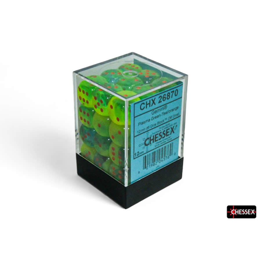 CHX26870 Plasma Green and Teal Gemini Luminary Dice with Orange Pips D6 12mm (1/2in) Pack of 36 (ONLINE ORDER ONLY)
