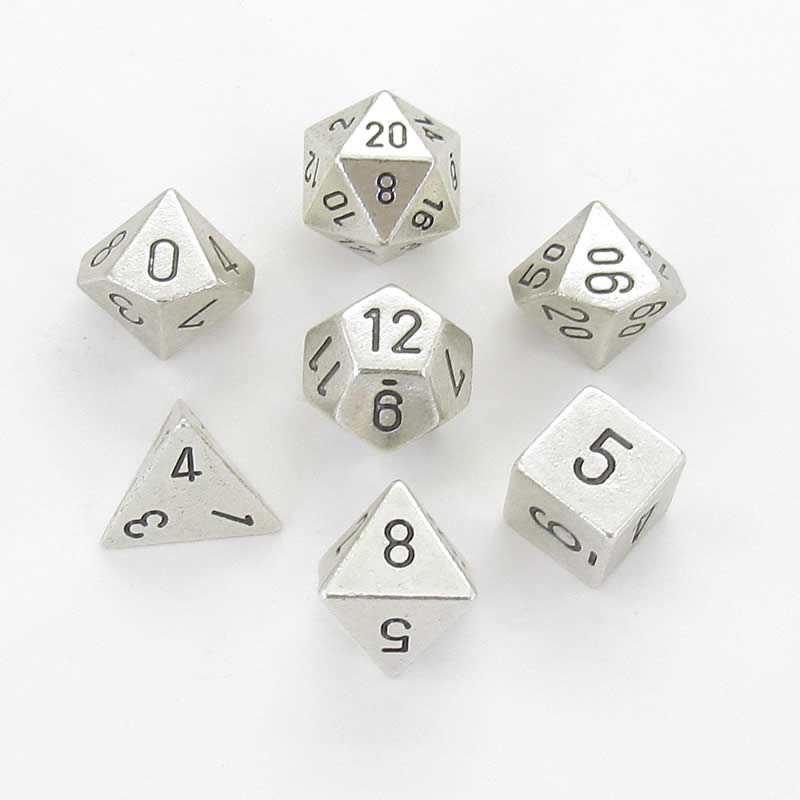 CHX27021 Metal Silver Colored Dice Black Numbers 16mm (5/8in) Set of 7 (ONLINE ORDER ONLY)