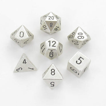 CHX27021 Metal Silver Colored Dice Black Numbers 16mm (5/8in) Set of 7 (ONLINE ORDER ONLY)