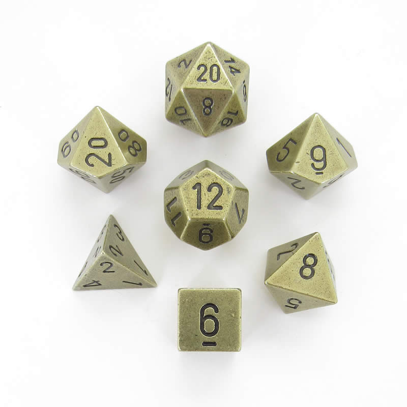 CHX27023 Metal Old Brass Colored Dice Black Numbers 16mm (5/8in) Set of 7 (ONLINE ORDER ONLY)