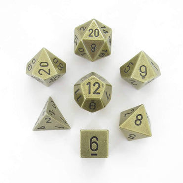 CHX27023 Metal Old Brass Colored Dice Black Numbers 16mm (5/8in) Set of 7 (ONLINE ORDER ONLY)