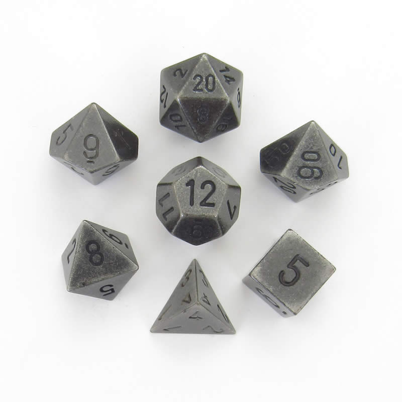 CHX27028 Metal Dark Metal Colored Dice Black Numbers 16mm (5/8in) Set of 7 (ONLINE ORDER ONLY)