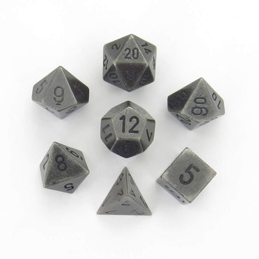 CHX27028 Metal Dark Metal Colored Dice Black Numbers 16mm (5/8in) Set of 7 (ONLINE ORDER ONLY)