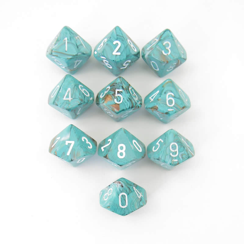 CHX27203 Oxi-copper Marbleized Dice White Numbers D10 16mm Pack of 10 (ONLINE ORDER ONLY)