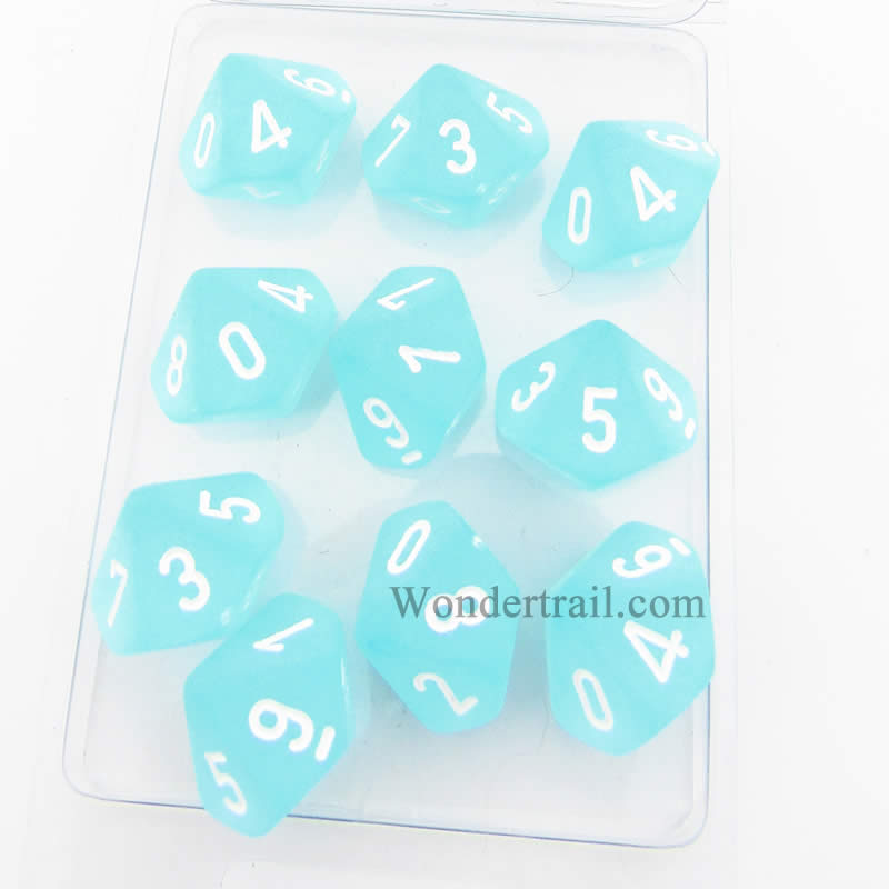 CHX27205 Teal Frosted Dice White Numbers D10 16mm (5/8in) Pack of 10 (ONLINE ORDER ONLY)