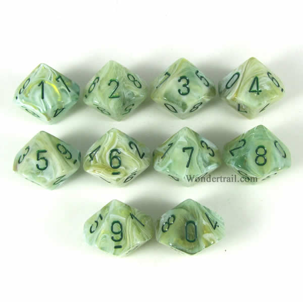 CHX27209 Green Marbleized Dice Green Numbers D10 16mm Pack of 10 (ONLINE ORDER ONLY)