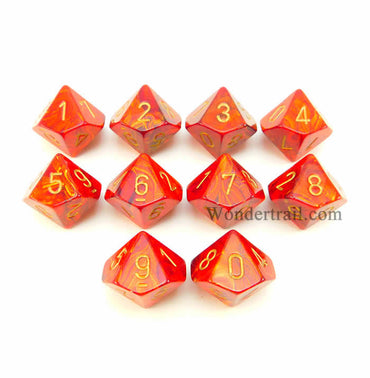 CHX27214 Scarlet Scarab Dice Gold Numbers D10 16mm (5/8in) Pack of 10 (ONLINE ORDER ONLY)