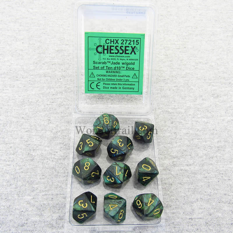 CHX27215 Jade Scarab Dice Gold Numbers D10 16mm (5/8in) Pack of 10 (ONLINE ORDER ONLY)