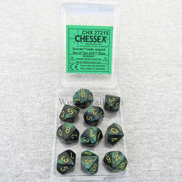 CHX27215 Jade Scarab Dice Gold Numbers D10 16mm (5/8in) Pack of 10 (ONLINE ORDER ONLY)