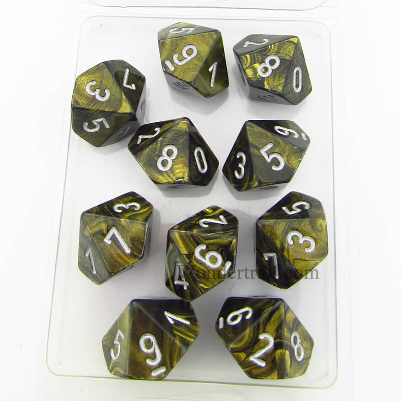 CHX27218 Black Gold Leaf Dice Silver Numbers D10 16mm Pack of 10 (ONLINE ORDER ONLY)