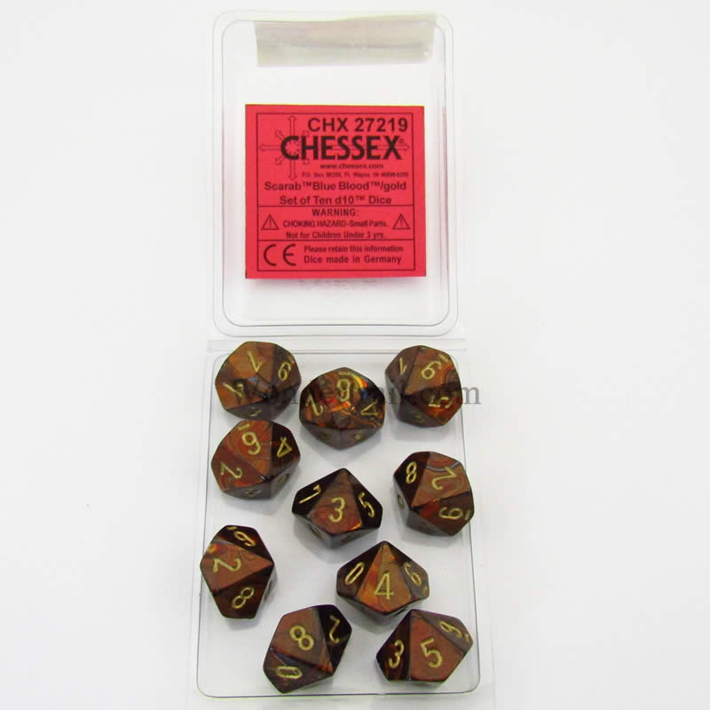 CHX27219 Blue Blood Scarab Dice Gold Numbers D10 16mm Pack of 10 (ONLINE ORDER ONLY)