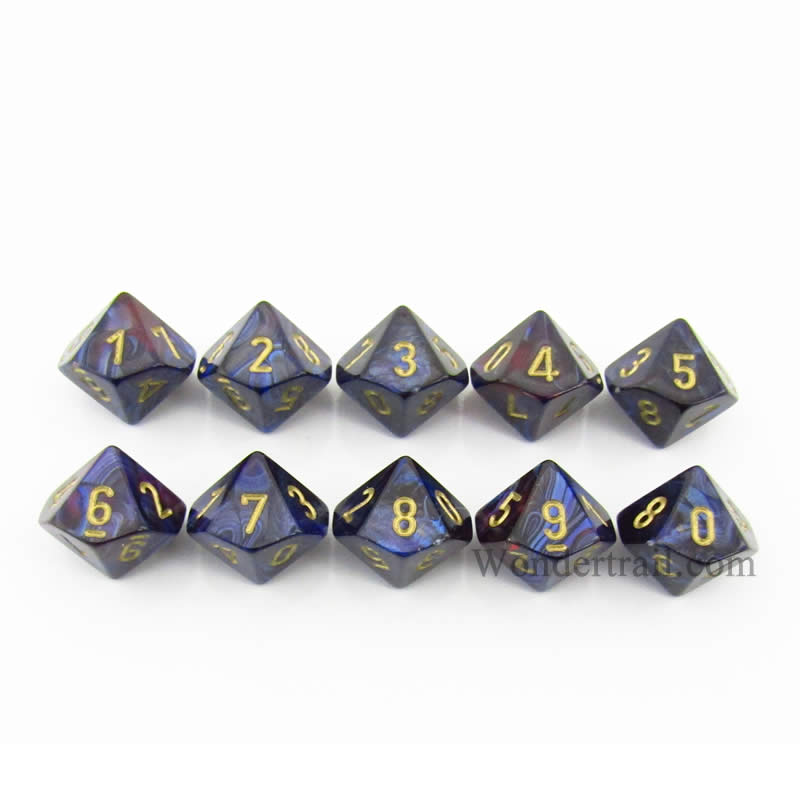 CHX27227 Royal Blue Scarab Dice Gold Numbers D10 16mm Pack of 10 (ONLINE ORDER ONLY)