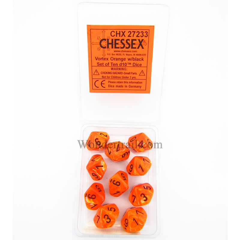 CHX27233 Orange Vortex Dice Black Numbers D10 16mm (5/8in) Pack of 10 (ONLINE ORDER ONLY)