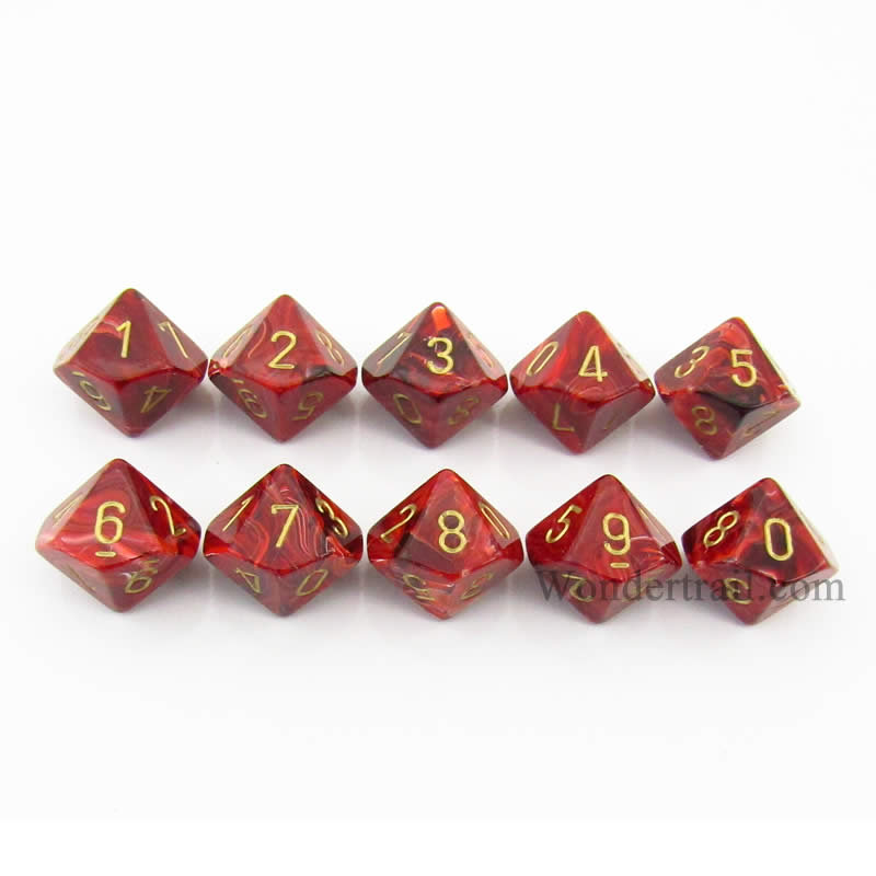 CHX27234 Burgundy Vortex Dice Gold Numbers D10 16mm (5/8in) Pack of 10 (ONLINE ORDER ONLY)