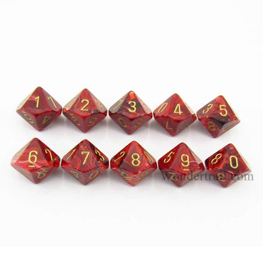 CHX27234 Burgundy Vortex Dice Gold Numbers D10 16mm (5/8in) Pack of 10 (ONLINE ORDER ONLY)