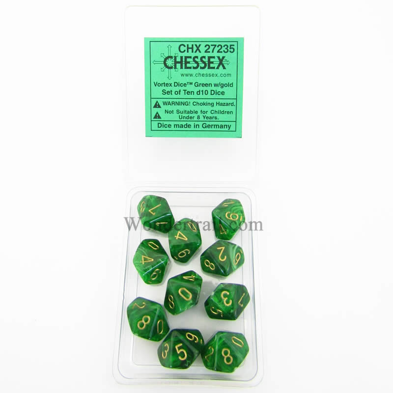 CHX27235 Green Vortex Dice Gold Numbers D10 16mm (5/8in) Pack of 10 (ONLINE ORDER ONLY)